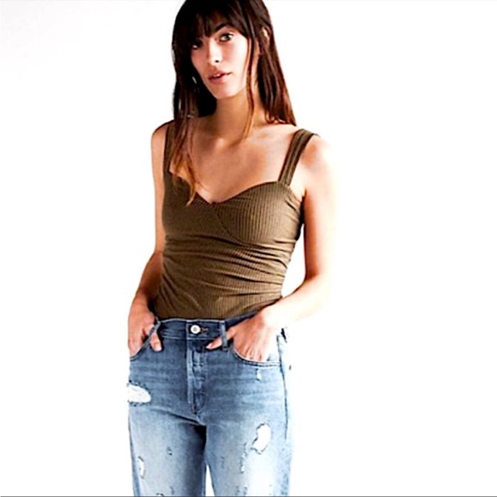 BNWT Express OneEleven Olive Green Ruched Asymmetrical Tank with Black Stripes